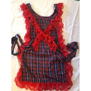 holiday red plaid apron with lace around 33" Long